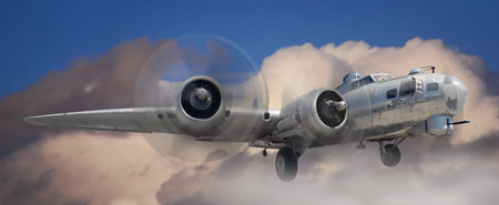 Fish eye view of a B-17 Stratofortress airplane in the clouds