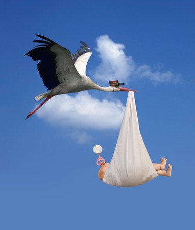 Classic depiction of a stork in flight delivering a newborn baby