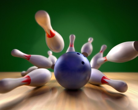 A fun 3d render of a bowling ball crashing into the pins. Extreme perspective, depth of field focus on the ball.の写真素材