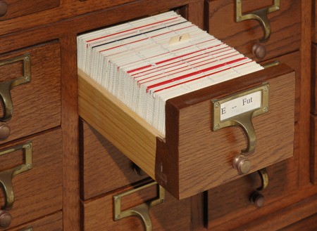 Oak card catalog file with one drawer openの写真素材