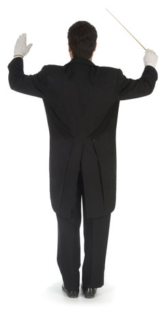 Orchestra conductor facing away from the camera against a white background
