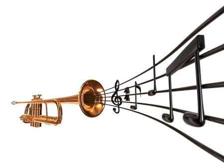 brass cornet at slight angle with a curved music score blowing out the horn on white backgroundの写真素材