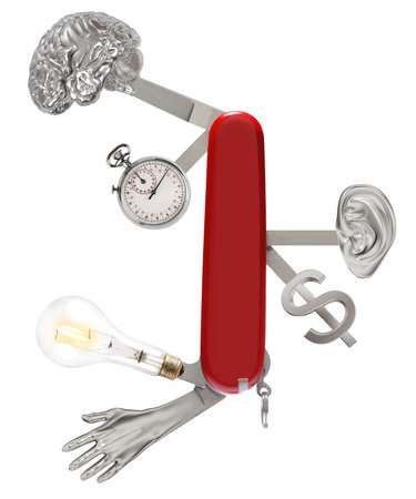 army knife with a brain, stopwatch, light bulb, hand, ear and money sign