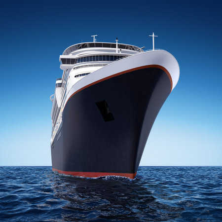 luxury white cruise ship shot from extreme angle at water level on a clear day with choppy seas and deep blue sky.の写真素材