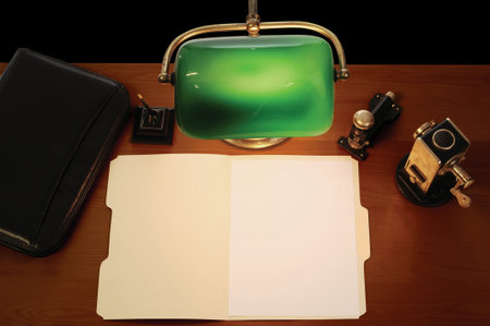 desktop with lamp, pen, briefcase, stapler, pencil sharpener and an open manila file folder with a blank letter-sized sheet of paperの写真素材