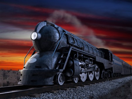 Dreyfuss J3A Streamliner locomotive known as the 20th Century Limited shot at twilight during a sunsetの写真素材