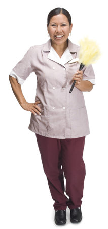 Female hotel maid standing on a white backgroundの写真素材