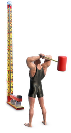 A Strongman with mallet striking a carnival strength test high-striker, isolated on whiteの写真素材