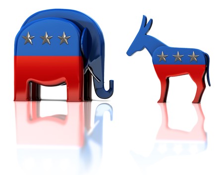 The Republican and Democratic party mascots isolated on white reflective surfaceのeditorial素材