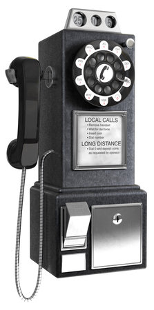 Black 1950's pay phone on a white backgroundの写真素材