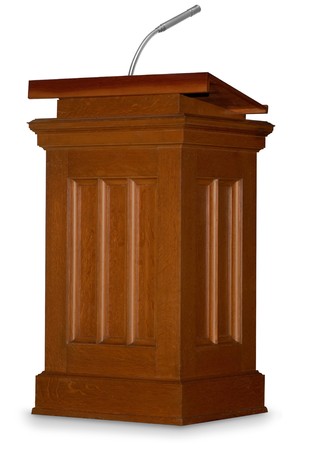 Oak podium isolated on white background with microphone Oak podium isolated on white background with microphone