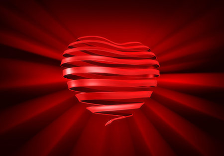 A ribbon curled into the shape of a heart on a rich dark red background.の写真素材