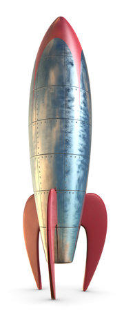 A fun stylized rocket on the floor isolated on a white background の写真素材