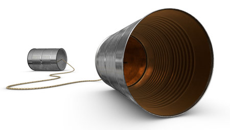 tin cans connected by string on dark reflective background