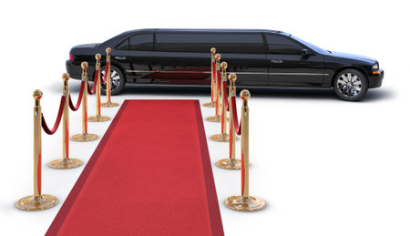 A Limousine Pulling up to a red carpet runway on whiteの写真素材