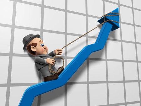 3D illustration of Wilfred Climbing up a chart graph arrow with a rope.の写真素材