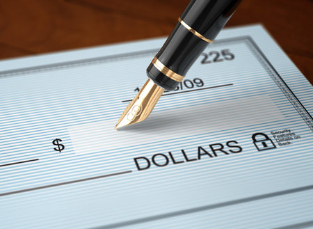 Writing a check with an old fashoned fountain pen on a wooden tableの写真素材