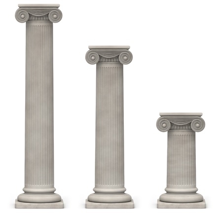 Three Ionic, stone columns of varying heights on a white backgroundの写真素材