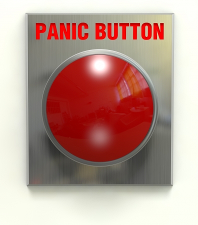 Red panic button mounted on a brushed stainless plate with clipping pathの写真素材