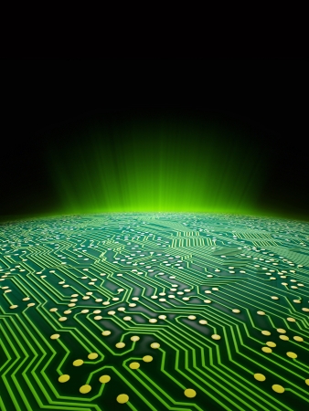 Digital landscape consisting of a glowing green sci-fi sunrise over a printed circuit board formated for use as a report cover for a technology firmの写真素材
