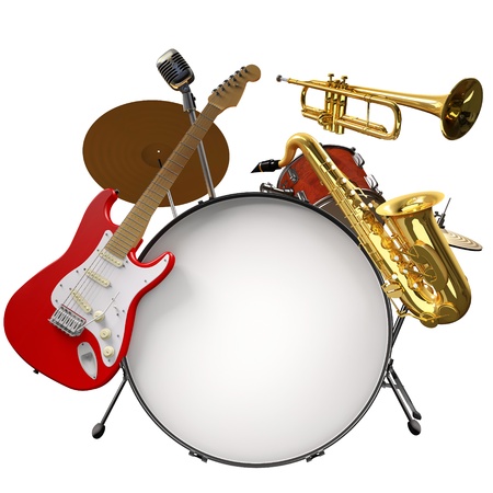 Jazz montage consisting of a drum kit, electic guitare, microphone, saxophone and trumpet on a white backgroundの写真素材