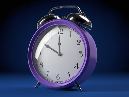 Purple alarm clock on blue backdrop 