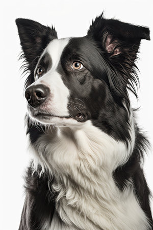 A cute closeup portrait of a border collie with a white backgroundの素材