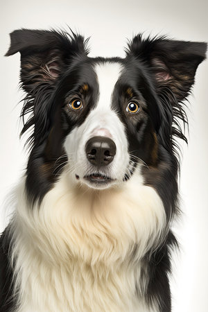 A cute closeup portrait of a border collie with a white backgroundの素材