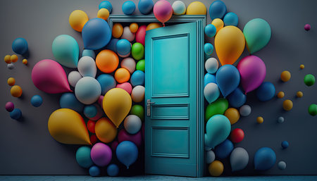 Many colorful balloons coming out of a blue door floating outsideの素材