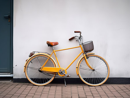 yellow vintage bicycle in front of a wallの素材
