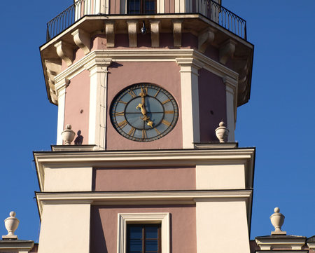 Zamosc, Poland - September 08  Old town hall with tall tower in old city center in Zamosc on...