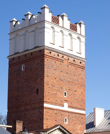 Sandomierz, Poland - March 30  Old brick tower in old city centre on March 30, 2014 in Sandomierz, Polandのeditorial素材