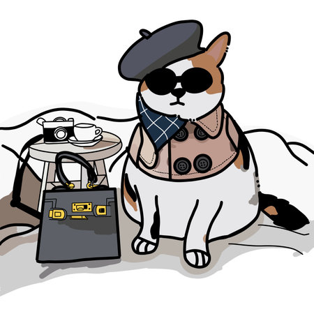 Illustration of a cat in a cap and scarf with a briefcaseのイラスト素材