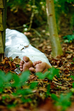 Bare feet of a murder victim hidden in woodland with the wrapped legs of the body visible between trees in leafy detritus in a conceptual imageの写真素材