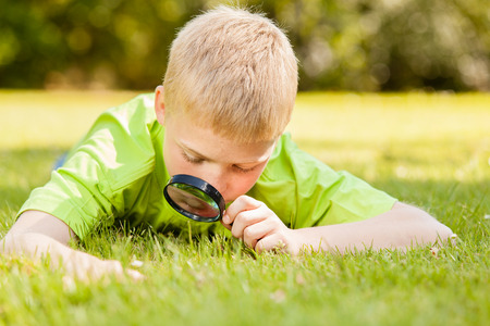 Curious male child in blond hair and green shirt laying down on grass while looking at something through a black magnifying glass outdoorsの写真素材