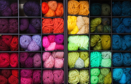Vibrant colorful skeins and balls of yarn.の写真素材
