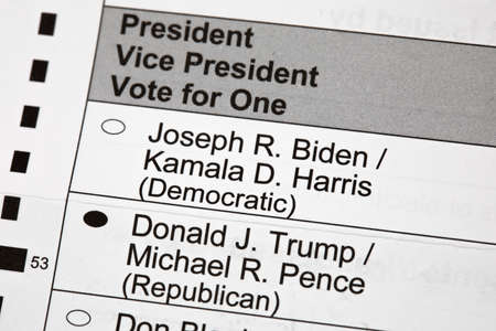 Madison, Wisconsin, USA - September 17, 2020: A 2020 presidential election voting ballot marked to vote for Donald J. Trump for President up close.のeditorial素材