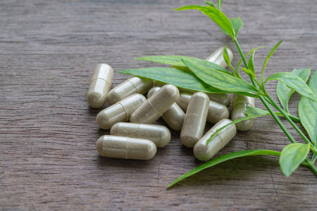 Andrographis Paniculata capsules and leaves on wooden background.