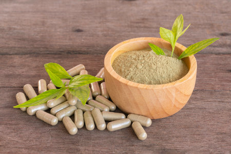 Extract powder of Andrographis Paniculata in wooden bowl, leaf, and herbal capsule on wooden background.の写真素材