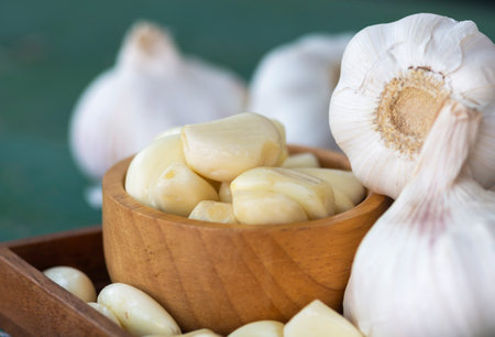 Peeled garlic in wooden bowl and large garlic cloves piled together in wooden tray on blurred green background.の写真素材