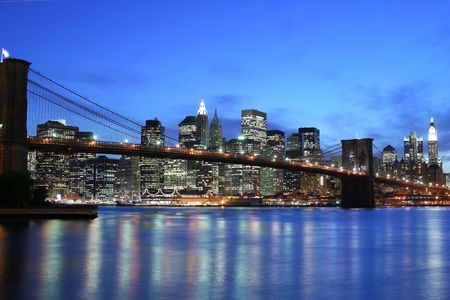 Brooklyn Bridge and Manhattan skyline At Night, New York Cityの写真素材