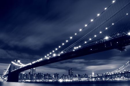 Brooklyn Bridge and Manhattan Skyline At Night, New York Cityの写真素材