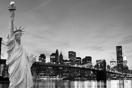 Manhattan Skyline and The Statue of Liberty at Night Lights, New York City の写真素材