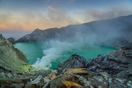 Gas rises over Kawah Ijen volcano - Java, Indonesiaの写真素材