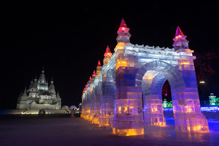 Ice sculptures at Sun Island. International Snow and Ice festival which is held every winter in Harbin, Chinaのeditorial素材