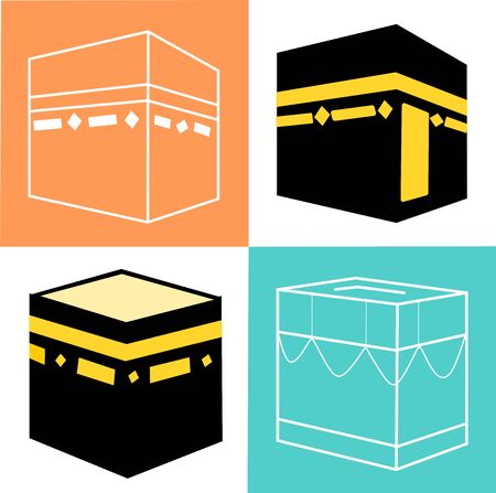 Set of Islamic vector design kaaba in Mecca icon for Hajj and Ramadan or Eid. Islamic Icons mosque Mecca Eid Mubarak Line Art Icons Set Pray Kabah mosque Mecca. Vector illustration. Green and Orangeのイラスト素材
