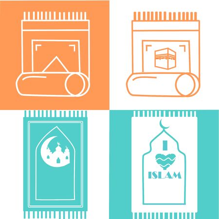 Muslim Prayer Rug with Kaaba and mosque in the middle . Mosque Flooring. Praying Mats. Prayer Carpets on orange and green color. Textile Rugs.のイラスト素材