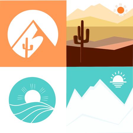 Set of Desert logo and template. Vector linear round icon of water or desert landscape. Minimal abstract emblem for business emblem, badge for a travel, tourism, ecology concept, health, poster, card,のイラスト素材