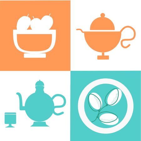 Ramadan Iftar party food design elements. bowl of dates Arabic dishes. Vector set. Ramadan Kareem (Generous Ramadan) in Arabic freehand for Islam religious festival Eid with grand meal.のイラスト素材