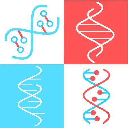 DNA spirals violet and turquoise color icons set. Deoxyribonucleic, nucleic acid helix. Spiraling strands. Chromosome. Molecular biology. Genetic code. Genome. Genetics. Isolated vector illustrationsのイラスト素材